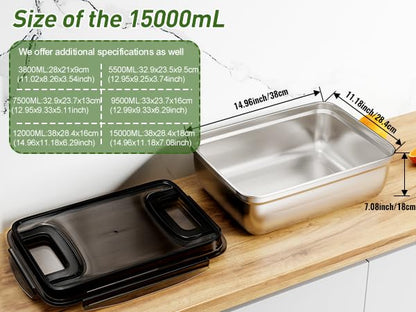 Extra Large Stainless Steel Food Container with Airtight Lid, 500 OZ Giant Metal Storage Box, Heavy Duty 304 Meal Prep Pan for Marinating Meat, Turkey, kimchi. - size: 15000ML/529OZ