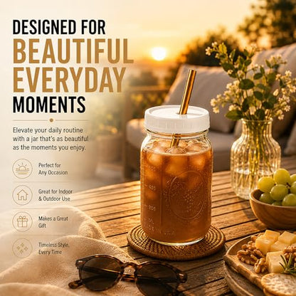 Boba Tea Cups 32 oz (2-Pack) – Mason Jar Glass Cups with Lids & Gold Stainless Steel Wide Straws for Bubble Tea, Smoothies & Iced Coffee