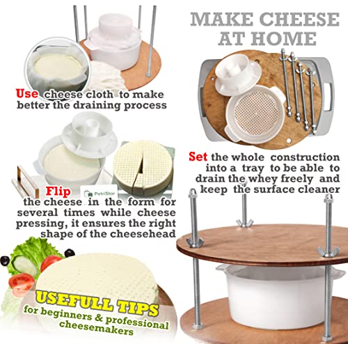 Wooden Cheese Press for Cheese Making Supplies Diameter 11 in Metal Guides Walnut and Cheese Mold with Follower Piston 1.3 Qt - Small Home Supply Ultimate Cheese Press Machine - Prensa Para Queso