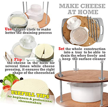 Wooden Cheese Press for Cheese Making Supplies Diameter 11 in Metal Guides Walnut and Cheese Mold with Follower Piston 1.3 Qt - Small Home Supply Ultimate Cheese Press Machine - Prensa Para Queso