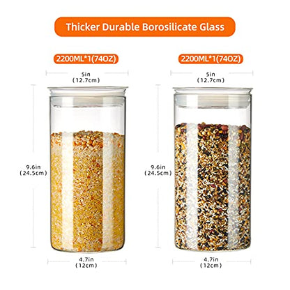 ZENS 74 fl.oz Glass Storage Containers with Airtight Lids, 2 Set 4.7in Wide Mouth Clear Food Storage Jars for Kithen Pantry Baking Flour, Clear Glass Canisters Sets for Pasta, Coffee Beans, Rice - size: 9.2-74oz 2Pack