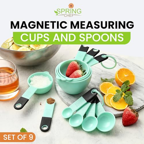 Spring Chef Mint Magnetic Measuring Cups and Spoons Set of 9, Stackable Plastic Kitchen Tool with Easy to Read Markings - Measure Dry or Liquid Ingredient for Baking & Cooking, BPA Free - color: Mint