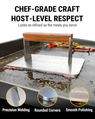 Stainless Steel Bacon Press - 3.2 LB Heavy Cooking Weight, Ideal for Flat Top Grill - Griddle Accessories for Searing Smash Burger, Steak, Sandwich - 9.25 x 5.7 Inches, Flat Bottom, Rectangle - size: 9.25"x5.7"
