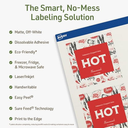 Avery Dissolvable Square Labels, Sure Feed Technology, 3" x 3", Matte White, Print-to-The-Edge, Laser/Inkjet Printable, 30 Labels Total - style: 30 labels