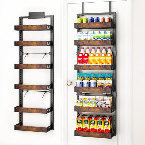 BUKFEN 6-Tier Over the Door Pantry Organizer, 2-in-1 Door Hanging or Wall Mounted Spice Rack with Adjustable Wooden Baskets, Heavy Duty Metal Storage Shelf, 12 Hooks for Kitchen, Bathroom, Closet - color: Black pole wood color, size: 6 Tier