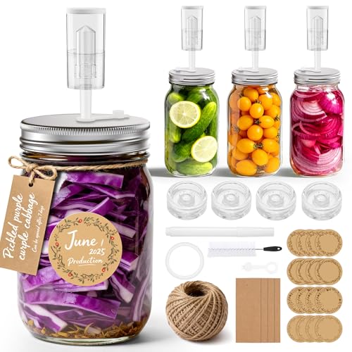 4-Pack Fermentation Kit for All Wide Mouth Mason Jars (Four 32oz Mason Jars Included), Fermentation Jars, Fermenting Weights, fermentation Lids, Airlocks, Everything Included for Fermentation - style: 4 Pack Included 4 Mason Jars