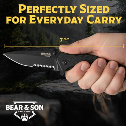 BEAR & SON - Manual Drop Point Folding Knife - 2 7/8" 440 Stainless Steel Blade with G10 Handle & Ball Bearing Washers - Men'sTactical EDC Pocket Knife - Sharp Utility Hunting Camping Gear - Serrated
