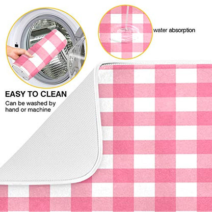 Microfiber Dish Drying Mat, Buffalo Check Plaid Absorbent Dish Drying Rack Pads Kitchen Counter Mat 16Inch X 18Inch Pink White Tartan Pattern Checkered Heat Resistant Sink Mat Dish Draining Mat - color: Plaid, size: 16x18in