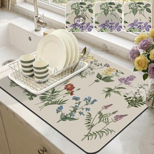 LOKHOM Dish Drying Mat for Kitchen Counter, 16"x20" Absorbent Coffee Bar Mat with Vintage Sage Flower Herbs, Dish Drainer Rack Mat for Kitchen Counter - size: 16" x 20"