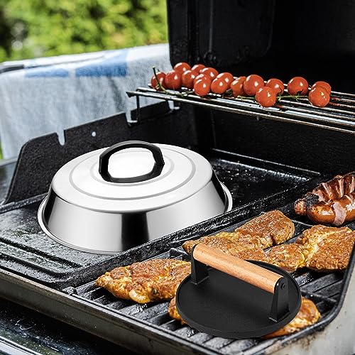 Leonyo Smash Burger Kit, 12" Basting Cover for Griddle, Round Cast Iron Bacon Press Cheese Melting Dome Lid BBQ Accessories for Outdoor Flat Top Grill, Kitchen Cooking