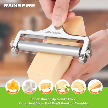 Rainspire Upgraded Cheese Slicer with Replaceable Wires Stainless Steel Cheese Slicers for Block Cheese Adjustable Cheese Cutter for Mozzarella, Cheddar, Gruyere Charcuterie Accessories, Silver - color: Silver