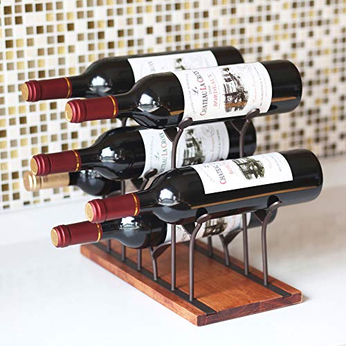 ALLCENER Countertop Bottle Rack, Tabletop Wood Bottle Holder, Hold 6 Bottles, Perfect for Home Decor & Kitchen Storage Rack, Bar, Cellar, Cabinet, Pantry, etc, Wood & Metal (Bronze)