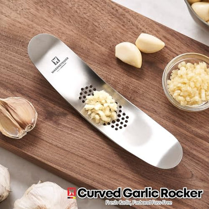 Wagensteiger Stainless Steel Curved Garlic Presser or Cheese Grater, Curved Pressing & Grating Motion, Minimalist Design, Stylish Kitchen Essentials 205mm x 48mm / 8.07 inches x 1.89 inches