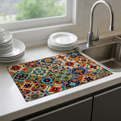 Absorbent Kitchen Dish Drying Mat Quick Dry Heat Resistant Hide Stain for Glasses Coffee Espresso Machines Pots Pans and Dish Racks,18" x 24" Bohemia Talavera Mexican Tiles Pattern - color: Bohemia Talavera Mexican Tiles