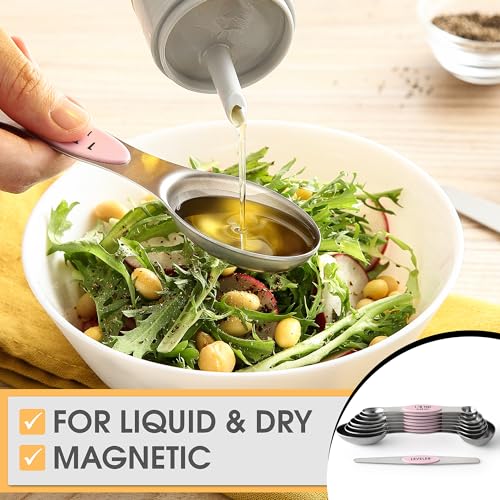 Spring Chef Stainless Steel Magnetic Measuring Spoons Set of 8 with Leveler, Dual Sided Teaspoon & Tablespoon Measuring Spoons with Strong Magnets, Kitchen Gadgets for Baking & Cooking - Pink Lemonade - color: Pink Lemonade, size: 1-Pack