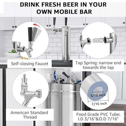 Dual Tap Kegerator Tower Beer Tap Tower 3" Draft Beer Tower Dispenser Keg Tower Beer Faucet Self-Closing Beer Tap Stainless Steel Kegerator Tap Tower Kit with Pre-Assembled Kegerator Line - size: Dual Tap Beer Tap Tower
