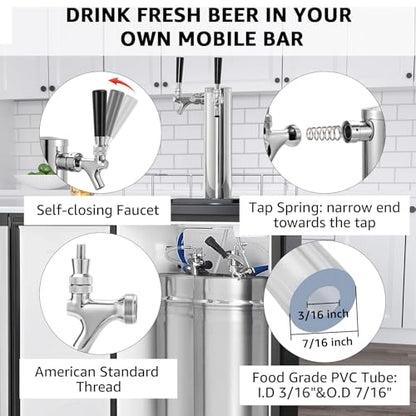 Dual Tap Kegerator Tower Beer Tap Tower 3" Draft Beer Tower Dispenser Keg Tower Beer Faucet Self-Closing Beer Tap Stainless Steel Kegerator Tap Tower Kit with Pre-Assembled Kegerator Line - size: Dual Tap Beer Tap Tower