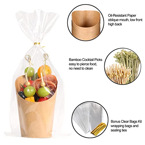 Disposable Charcuterie Cups 60 PCS with 200PCS Sticks and 60PCS Bags | 14 oz Kraft Paper Snack Boxes Appetizers Cup French Fry Holder with Cocktail Skewers Toothpicks Tooth Picks, Brown - color: Brown, size: 14 Oz 60 Pcs Set