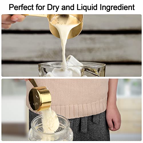 GuDoQi 9pcs 304 Stainless Steel Measuring Cups & Spoons, Stackable Long Handle Fits Narrow Jars, Golden Finish, Metric & US Measures for Dry/Liquid Ingredients, Rust-Proof for Baking & Cooking