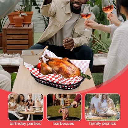 60 Sheets Red Checkered Deli Liners and 6 Black Fast Food Baskets, Classic Deli Baskets with Red Checkered Dry Waxed Deli Paper(12'') (6+60)