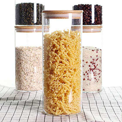 LEAVES AND TREES Y Stackable Kitchen Canisters Set, Pack of 5 Clear Glass Food Storage Jars Containers with Airtight Bamboo Lid for Candy, Cookie, Rice, Sugar, Flour, Pasta, Nuts - color: Round-3.9 IN-5Pack