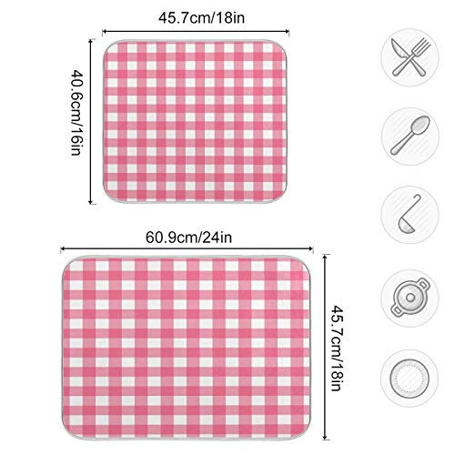 Microfiber Dish Drying Mat, Buffalo Check Plaid Absorbent Dish Drying Rack Pads Kitchen Counter Mat 16Inch X 18Inch Pink White Tartan Pattern Checkered Heat Resistant Sink Mat Dish Draining Mat - color: Plaid, size: 16x18in
