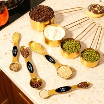 11 pcs Gold Measuring Cups and Spoons Set,Includes 4pcs Measuring Cups And 6pcs Magnetic Measuring Spoons & 1 Leveler,Stainless Steel is Ideal for Measuring Liquids And Dry Ingredients - color: 11 set