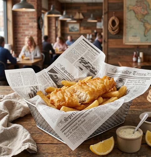 MADE IN USA 1,000 Sheets of Grease-Resistant Food Grade Waxed Kraft Deli Tissue Paper, 12" X 12" (Newsprint Fish & Chip Print) - color: Newsprint Fish & Chip Print