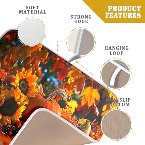 Fall Harvest Pumpkin Dish Drying Mat for Kitchen Counter,Thanksgiving Maple Leaves Sunflower Drying Mat 16 x 18 Inch with Absorbent Reversible Microfiber Dish Drying Pad for Coffee Bar - size: 16" x 18"