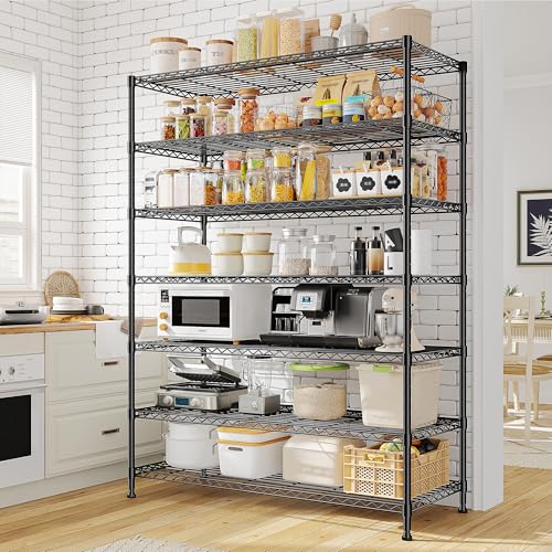 82.6H Metal Shelving Unit 7 Tier Storage Shelves Adjustable Wire Shelving Metal Wire Shelf Pantry Shelves Commercial Rack for Kitchen Pantry Utility Room Garage 45" W x 82.6''H x 13.5" D, Black - size: 45" W x 82.6''H x 13.5" D