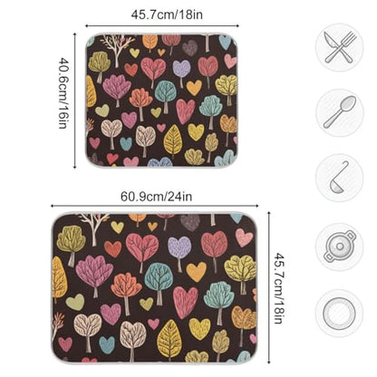 Heart Trees Leaves Dish Drying Mat for Kitchen Counter Super Absorbent Draining Mat with Non-slip Backed Sink Tray Mat for Draining Racks Countertops Sinks Dish Bottles Cups Bowl
