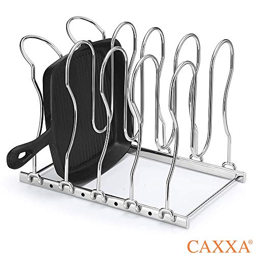 CAXXA Heavy Duty Pan Rack, Pot Lid Rack, Kitchen Cabinet Pantry Cookware Organizer Rack Holder with 5 Adjustable Dividers, Chrome