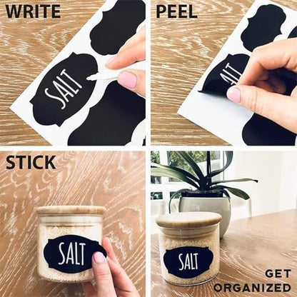 Chalkboard Labels for Food containers, 180 Pcs Label Stickers with 2 White Liquid Chalk Markers, Waterproof Reusable Bottle Labels for Jars, Storage Bins - size: 180 PCS, Wavy & Rectangular Shape