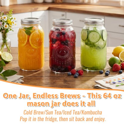 64 oz Wide Mouth Glass Mason Jar Half Gallon 3 Pack with Airtight Lids | Large Canning Jars with Silver Separable Lids for Fermenting, Pickling, Storing Food, Meal Prep, Salad & DIY Crafts - color: 64fl.oz 3pack