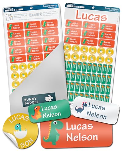 Bunny Badges Personalized Daycare Name Labels for Kids (130 Labels) - Custom Waterproof Name Stickers for Clothing Tags, Water Bottles, Lunch Boxes and School Supplies (Dinosaurs) - color: Dinosaurs
