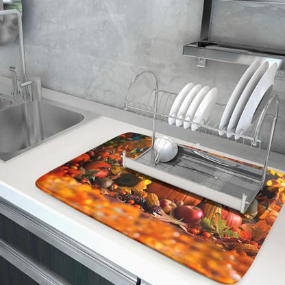 Fall Harvest Pumpkin Dish Drying Mat for Kitchen Counter,Thanksgiving Maple Leaves Sunflower Drying Mat 18 x 24 Inch with Absorbent Reversible Microfiber Dish Drying Pad for Coffee Bar - size: 18" x 24"