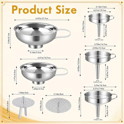2 Sets Kitchen Stainless Steel Funnel Set Filter Funnel Wide Mouth and Narrow Mouth Each with Removable Fine Mesh Strainer Food Grade Cooking Kitchen with Handles for Liquids Jars Bottles