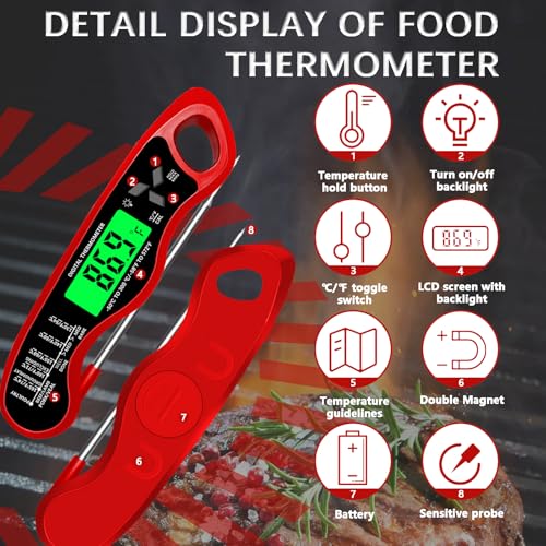 Meat Thermometer Digital，IP67 Waterproof Cooking Thermometer with Backlight, Calibration & Hold Function，Food Thermometer for Cooking,Outdoor Grilling - color: Red