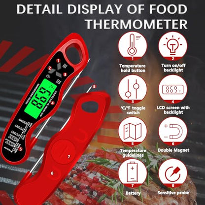 Meat Thermometer Digital，IP67 Waterproof Cooking Thermometer with Backlight, Calibration & Hold Function，Food Thermometer for Cooking,Outdoor Grilling - color: Red