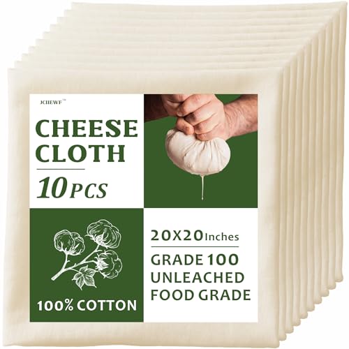10 PCS Cheesecloth, 20x20 Inch Grade 100, 100% Unbleached Cotton Reusable Hemmed Cheese Cloths for Straining, Nut Milk, Baking & Cheese Making