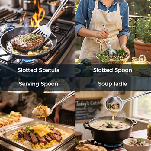 18/0 Stainless Steel Kitchen Cooking Utensil Set, Ergonomic Handle, Dishwasher Safe, Slotted Spoon, Ladle, Turner, Serving Spoon for Housewarming Daily Use Commercial, Pack of 4 - size: Cooking Utensils - 4PCs