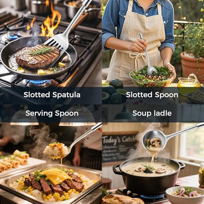 18/0 Stainless Steel Kitchen Cooking Utensil Set, Ergonomic Handle, Dishwasher Safe, Slotted Spoon, Ladle, Turner, Serving Spoon for Housewarming Daily Use Commercial, Pack of 4 - size: Cooking Utensils - 4PCs