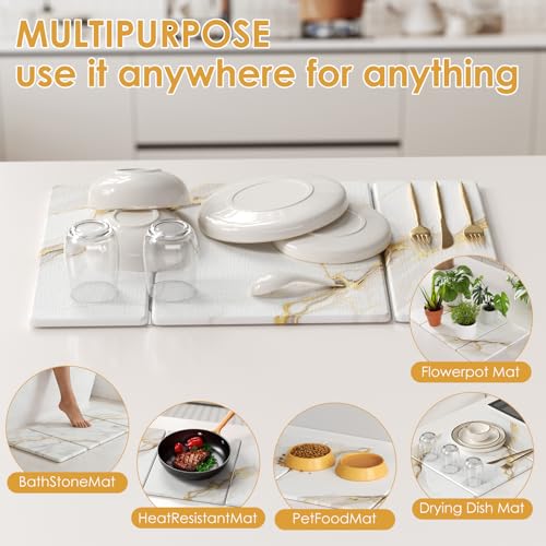 3 PCS Large Stone Dish Drying Mat for Kitchen Counter -24"x16" Absorbent Diatomaceous Earth Mat with Stone Faucet Mat & Soap Tray - Quick Dry, Collapsible, Non-Slip Countertop Organizer - color: gold Marble