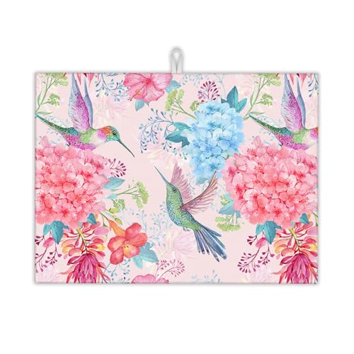 Humming Bird Dish Drying Mats 18x24 Inch,Tropical Flowers Dish Pad Drying Rack Mat for Kitchen Counter Ultra Absorbent Microfiber Dishware Coffee Maker Bar Countertop Decor - color: Humming Bird Tropical Flowers