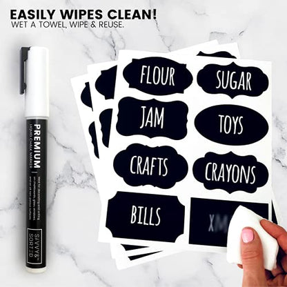 96 Chalkboard Labels for Storage Bins, Chalkboard Stickers with Chalk Maker, Chalk Labels for Kitchen Containers Organizing, Removable Black Food Pantry Jar Label Stickers for Glass Bottles - style: Assorted Shapes - 96pcs