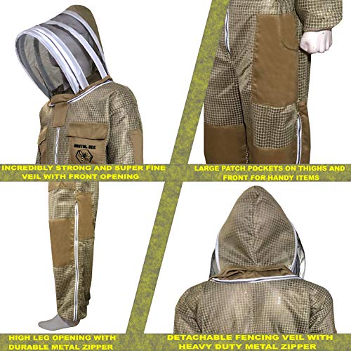 Brutul Bee 3 Layer Beekeeping Ultralight Ventilated Suit with Fencing Veil - color: Khaki, size: 3X-Large