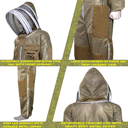 Brutul Bee 3 Layer Beekeeping Ultralight Ventilated Suit with Fencing Veil - color: Khaki, size: 3X-Large