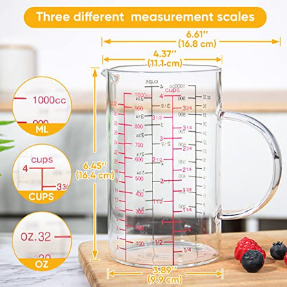 77L Glass Measuring Cup with Handle, [Double-Sided Measuring Scale, V-Shaped Spout, Insulated handle], High Borosilicate Glass Measuring Cup with Three Scales (OZ, Cup, ML) for Liquid (4 Cup) - size: 4 Cup (1000 ml)