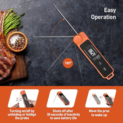 0.5 Sec Instant Read Meat Thermometer for Cooking, Ultra-Fast Digital Food Thermometer with Backlight, ±0.5°F Accuracy, IP67 Waterproof，Auto-Rotate/On/Off–Perfect for Grilling, BBQ, Smoker-Tangerine