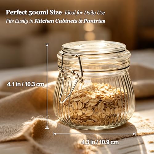 ComSaf 6-Pack 17oz Ribbed Glass Storage Jars with Airtight Clamp Lids, Decorative Wide Mouth Pint Canisters for Jam, Spices, Nuts, Coffee Beans, Snacks, Honey - Kitchen Pantry and Drawer Organization - size: 17oz*6-Ribbed